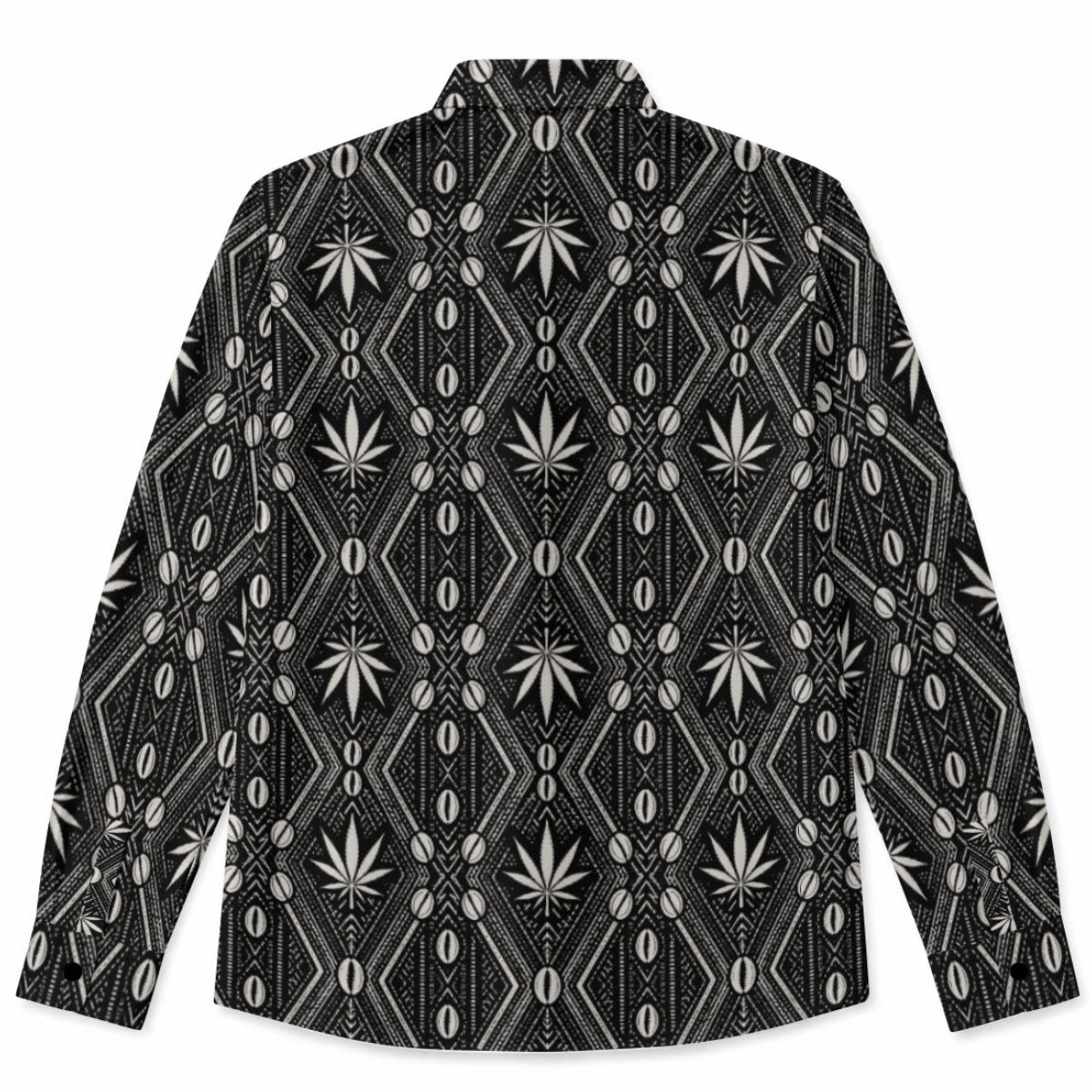 A long-sleeve button-up shirt with a black and white geometric pattern featuring diamond grids, vertical lines, and stylized cannabis leaf motifs, displayed flat against a white background.