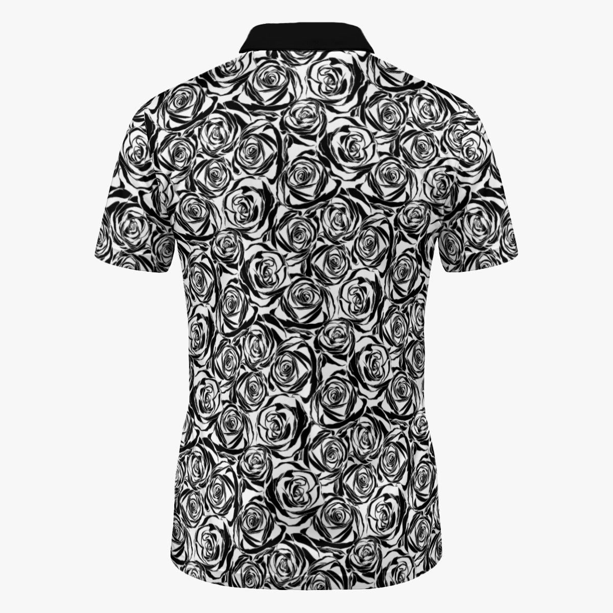 Shop the Rose DeVille Polo by Teddy Blaze. 200 GSM performance poly polo with black & white rose print and crimson placket from The Mature Mocha Collection.