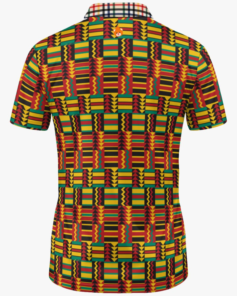 Shop the Iron + Ivy Kente & Rasta Tartan Mesh Open Polo by Teddy Blaze. Breathable mesh golf polo combining Ghanaian Kente body prints with a contrast Rasta tartan open collar.