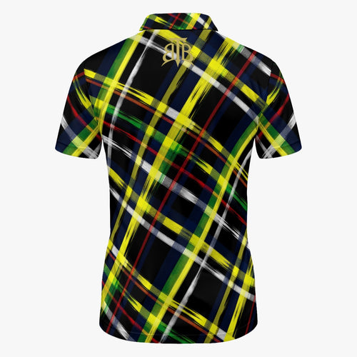 Short-sleeve polo shirt with a vibrant diagonal plaid pattern in yellow, green, red, white, and black, featuring a gold monogram logo on the upper back, shown against a plain white background.