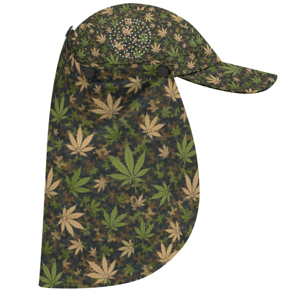 A baseball cap with an attached neck gaiter, featuring an all-over camouflage pattern of green, brown, and tan cannabis leaves on a dark background.
