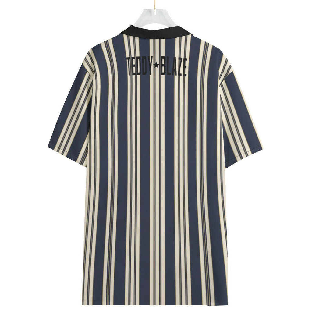 Shop the Executive Stripe Contrast Collar Camp Shirt by Teddy Blaze. 120 GSM lightweight navy and cream striped resort button-down from WHAT'S ON TOP.