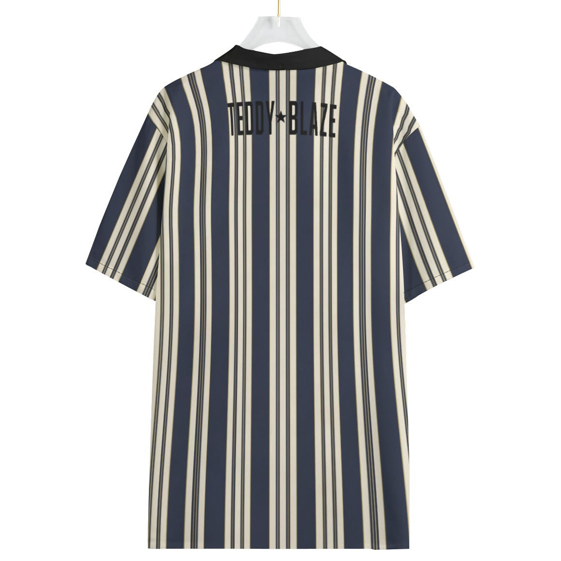 Shop the Executive Stripe Contrast Collar Camp Shirt by Teddy Blaze. 120 GSM lightweight navy and cream striped resort button-down from WHAT'S ON TOP.