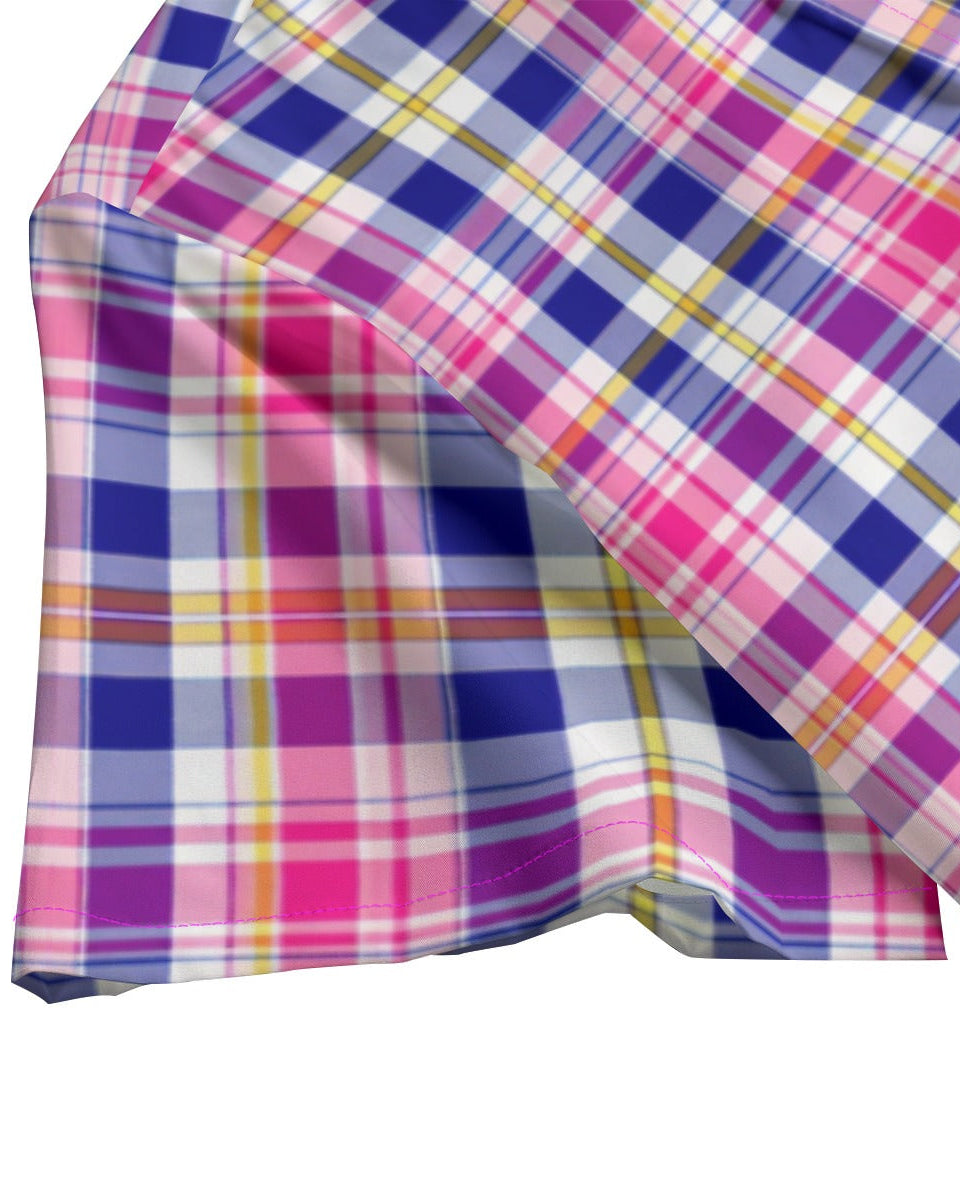 Shop the Iron + Ivy Papaya Blueberry Plaid Camp Shirt by Teddy Blaze. Short-sleeve resort button-down in lightweight poly-spandex featuring royal blue, papaya orange, and magenta plaid with a solid blue notch collar.