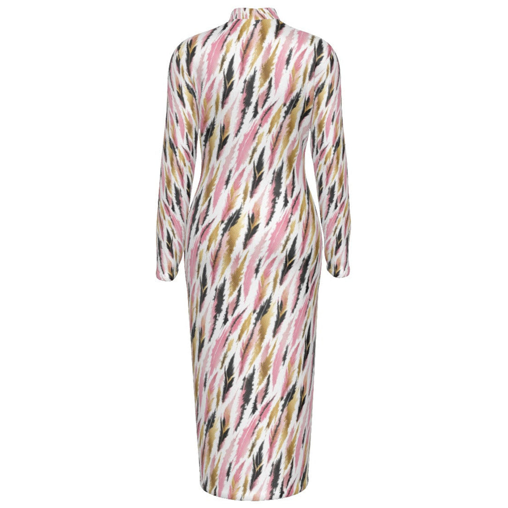 Shop the Avi Rose Reversible Turtleneck Zip Dress by Ella Adire. Heavyweight 210g/m² stretch bodycon midi dress featuring a blush pink and gold feather motif.