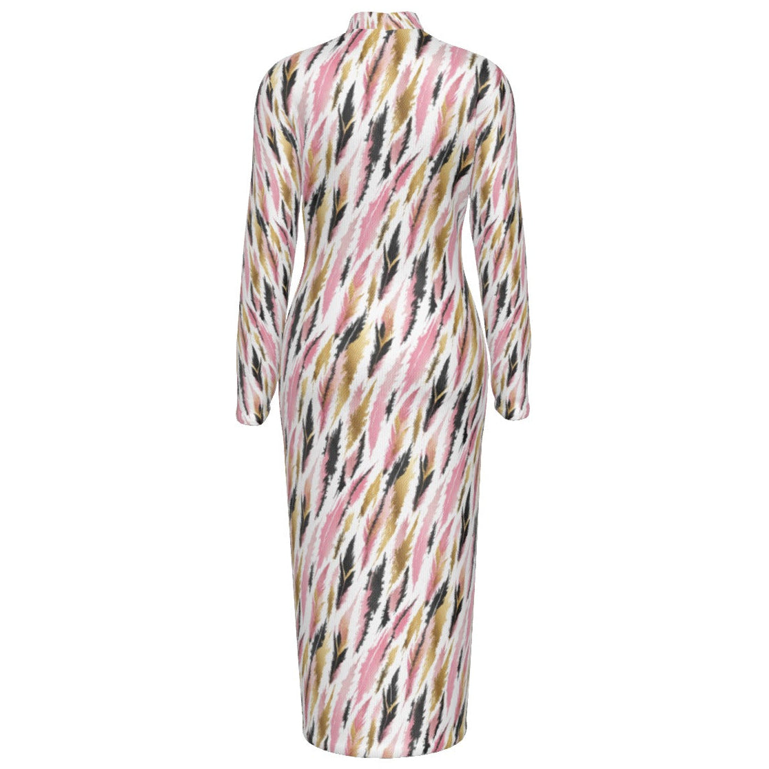 Shop the Avi Rose Reversible Turtleneck Zip Dress by Ella Adire. Heavyweight 210g/m² stretch bodycon midi dress featuring a blush pink and gold feather motif.
