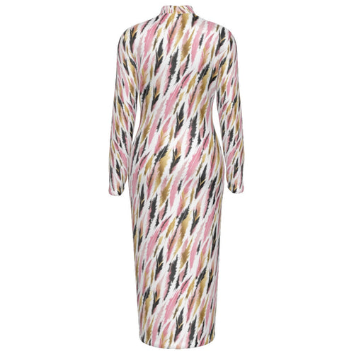 Shop the Avi Rose Reversible Turtleneck Zip Dress by Ella Adire. Heavyweight 210g/m² stretch bodycon midi dress featuring a blush pink and gold feather motif.