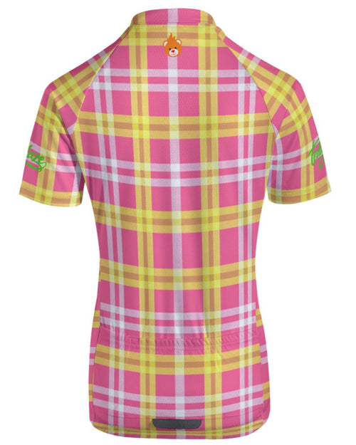 A short-sleeve cycling jersey shown from the back, featuring a vibrant pink, yellow, and white plaid pattern with a small orange fox logo on the back collar.