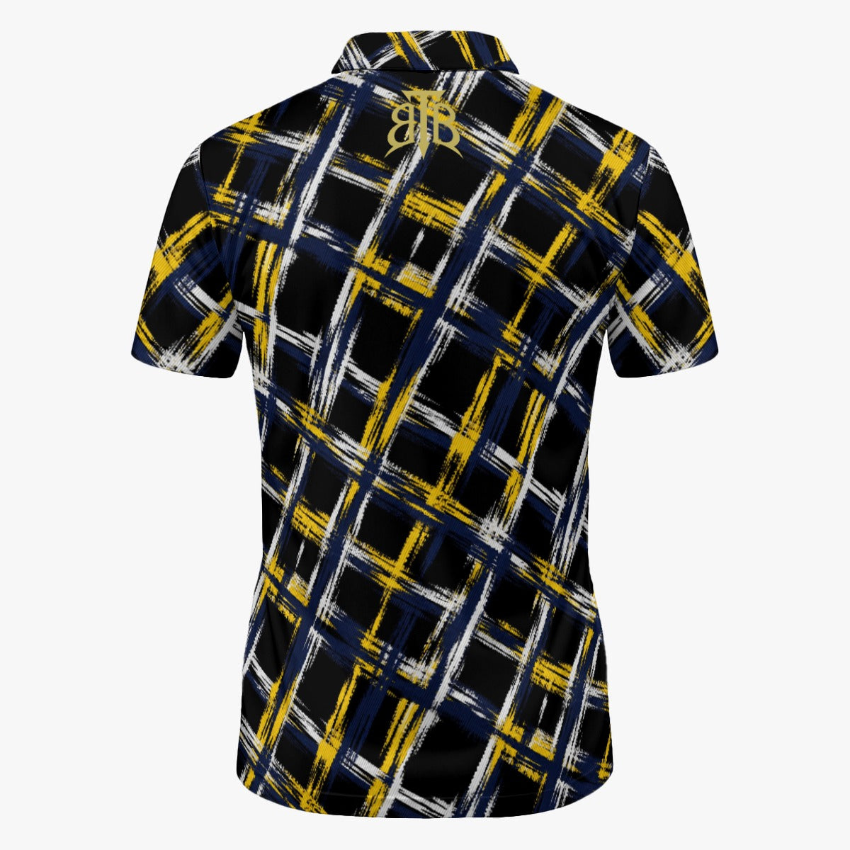 A short-sleeve collared shirt shown from the back, featuring a black base with a bold plaid pattern made of yellow and white brushstroke lines. A stylized gold 'JB' monogram is printed at the center of the back collar.