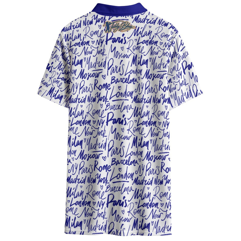 Shop the Jetsetter Short Golf Polo by Teddy Blaze. 145 GSM white & blue script performance polo with city destinations from TEDDY FORE!.