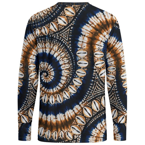 A long-sleeve crewneck shirt featuring an all-over spiral shell pattern in navy blue, brown, and white, displayed on a clean white background.