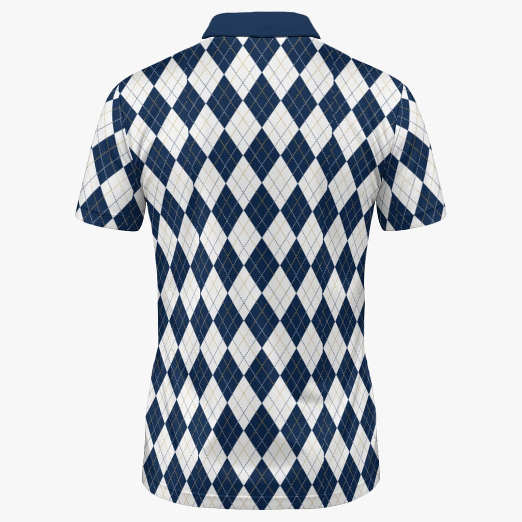 Shop the Argyle Azure Polo by Teddy Blaze. Premium 200 GSM performance poly polo featuring a classic navy and white argyle print from the TOPS line of The Mature Mocha Collection.