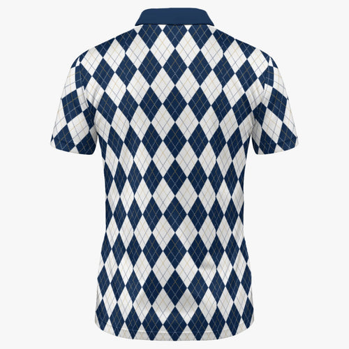 Shop the Argyle Azure Polo by Teddy Blaze. Premium 200 GSM performance poly polo featuring a classic navy and white argyle print from the TOPS line of The Mature Mocha Collection.