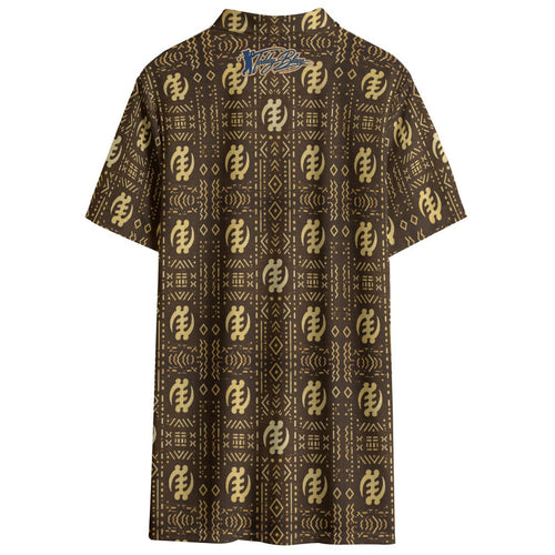 Shop the Gye Nyame Mudcloth Performance Golf Polo by Teddy Blaze. Breathable birdseye knit fabric featuring iconic Adinkra symbols in rich earth tones.