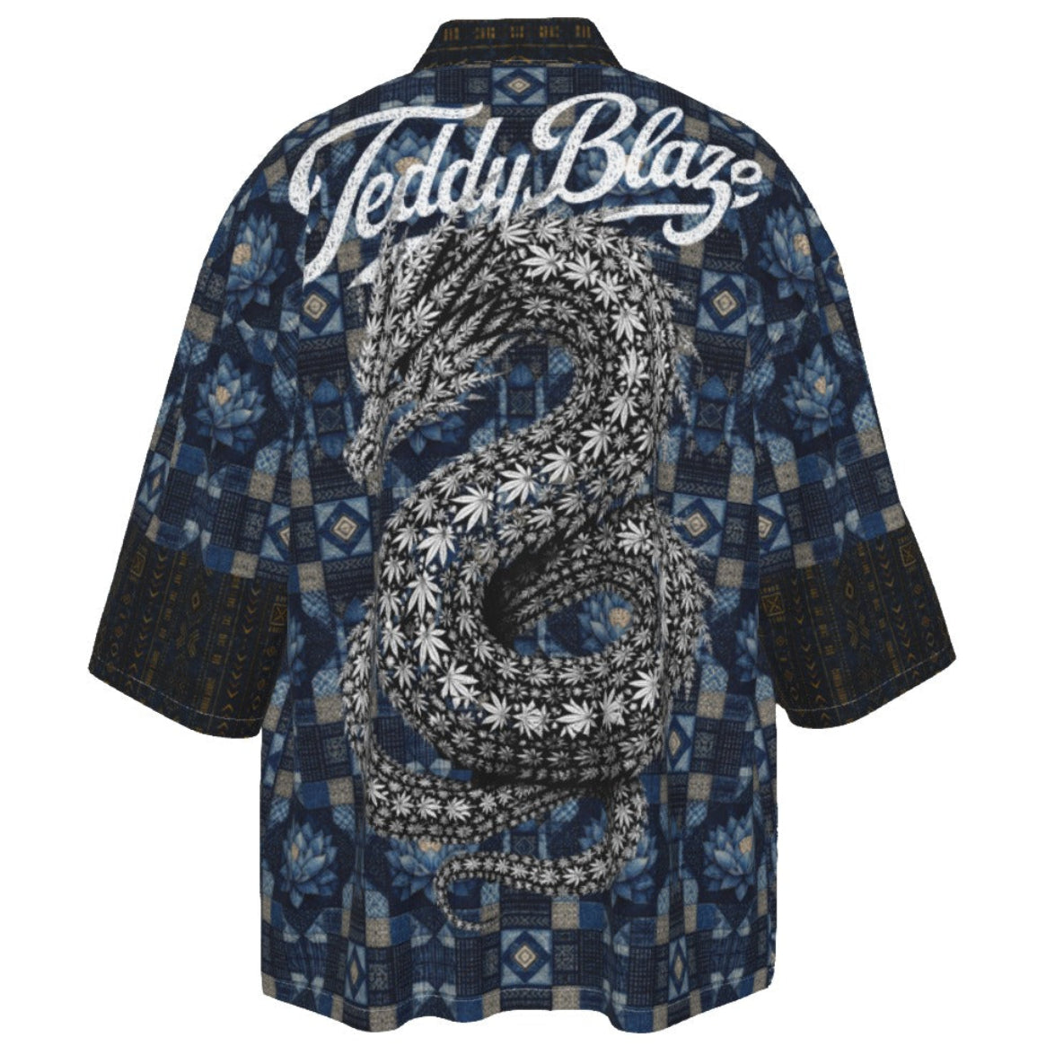 A short-sleeve button-up shirt shown from the back, featuring a large black and white snake graphic with cannabis leaves, the text 'Teddy Blaze' in white script, and a blue geometric patterned background.