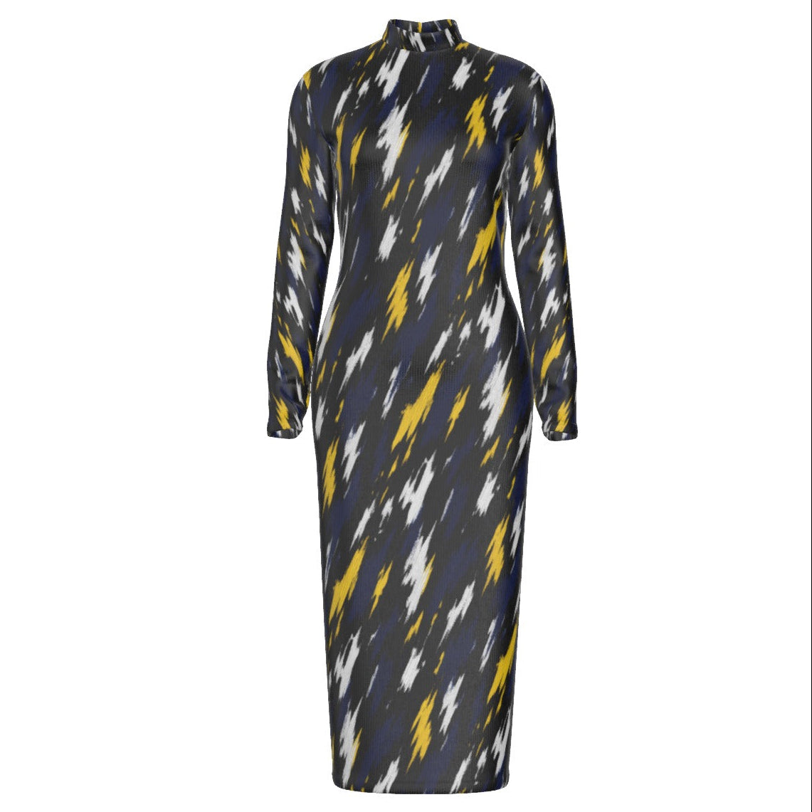 A long-sleeve mock-neck midi dress featuring an abstract ikat-style pattern in navy blue, white, and yellow, displayed on a clean white background.