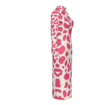Animal Print Stand Collar Long Sleeve Midi Dress (ANI03)