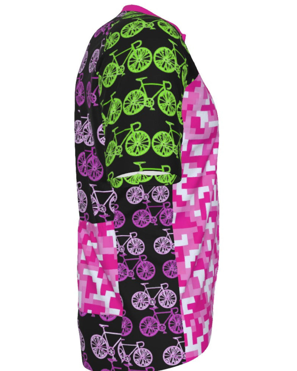 Shop the Iron + Ivy Digital Pixel & Bike Line-Art Performance Cycling Jersey by Teddy Blaze. Breast Cancer Awareness edition short-sleeve technical cycling jersey in bold magenta digital camo and neon bike graphics.