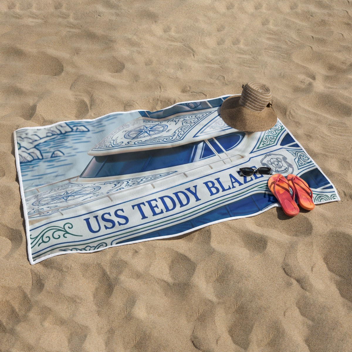 A large polyester beach towel featuring the USS Teddy Blaze yacht design, blending coastal storytelling, Oak Bluffs summer energy, and Silver Label lifestyle branding.