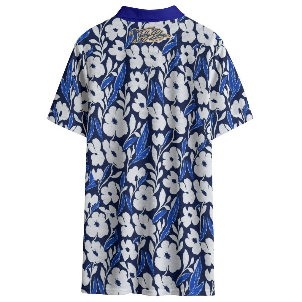 Shop the Azure Garden Short Golf Polo by Teddy Blaze. 145 GSM blue & white floral performance polo from TEDDY FORE!.
