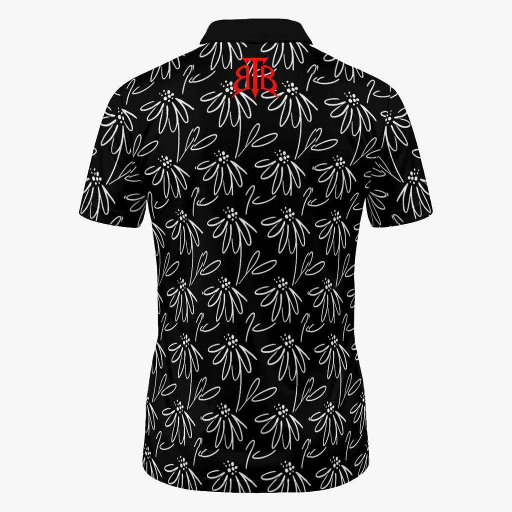 Shop the Garden Line Up Golf Shirt by Teddy Blaze. 200 GSM Birdseye performance poly polo with black & white botanical line-art print from TOPS.
