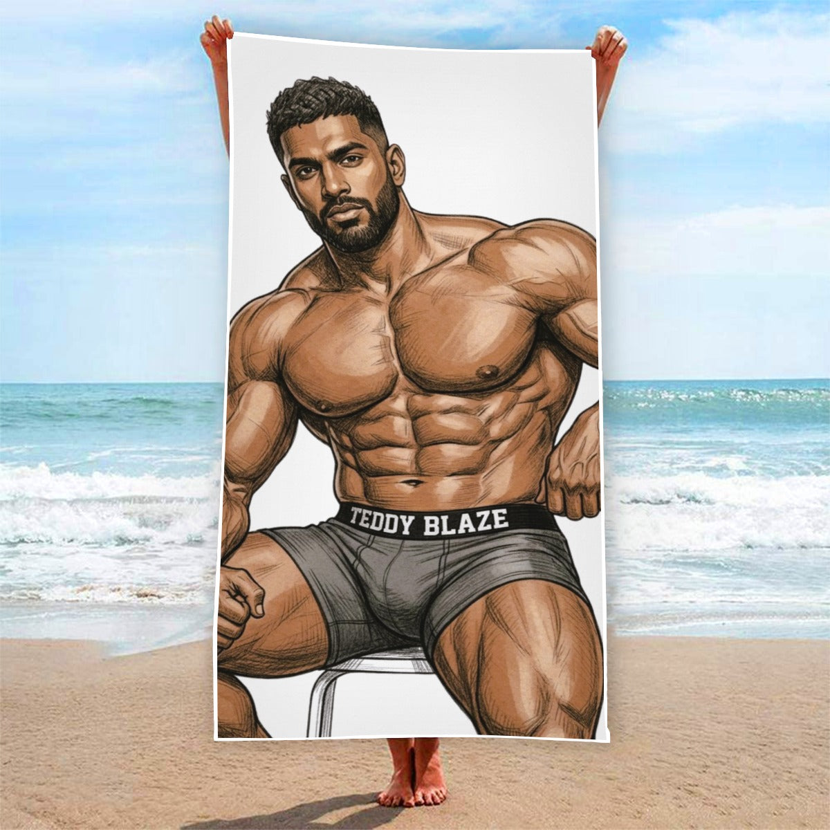 Men of Blaze MOB Collection presents Ramon Beach Towel, polyester statement beach essential featuring editorial physique artwork and Teddy Blaze design energy.
