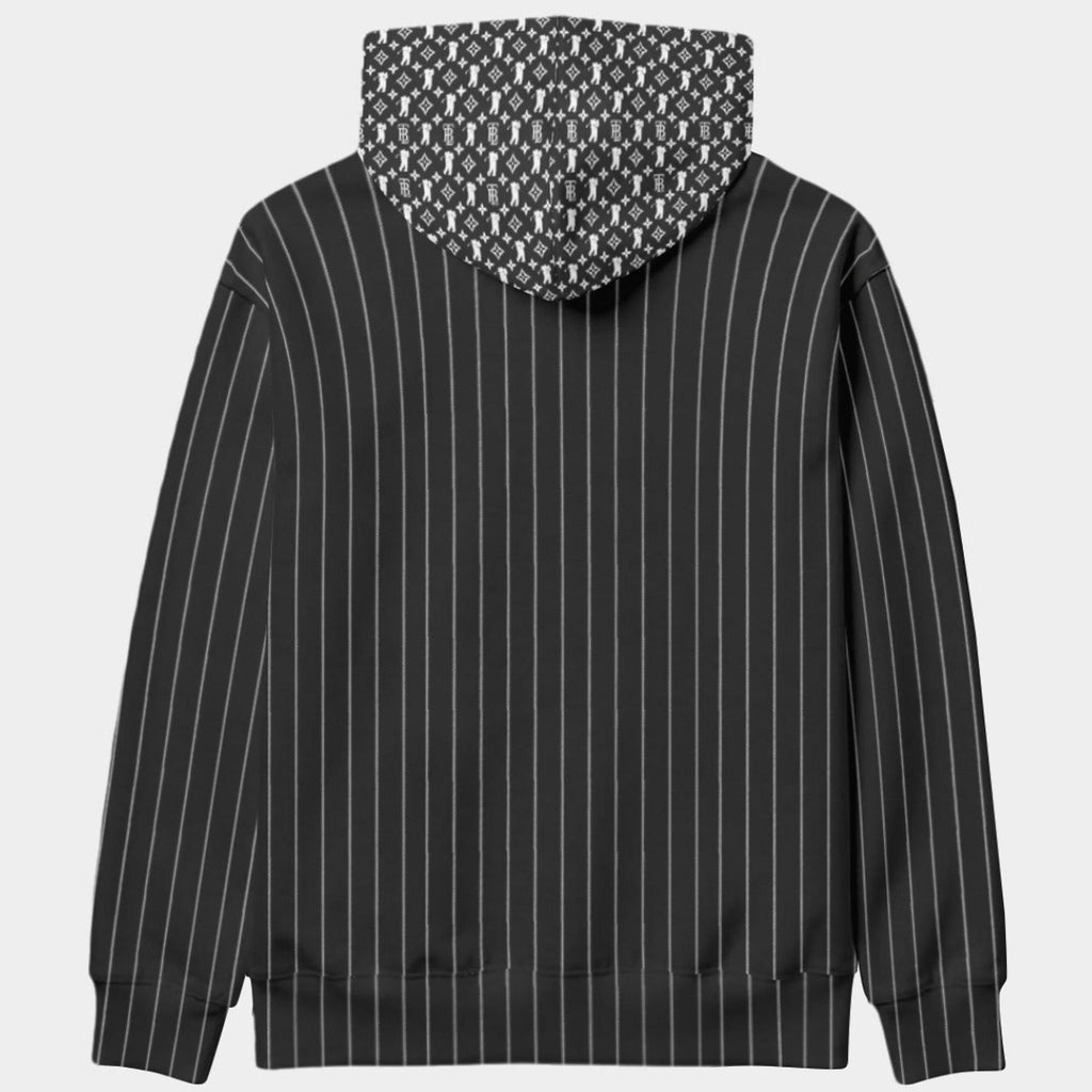 Shop the Iron + Ivy Pinstripe Cachet Pullover Hoodie by Teddy Blaze. High-tech scuba stretch hoodie in executive black pinstripe with contrast RIG-B monogram hood.