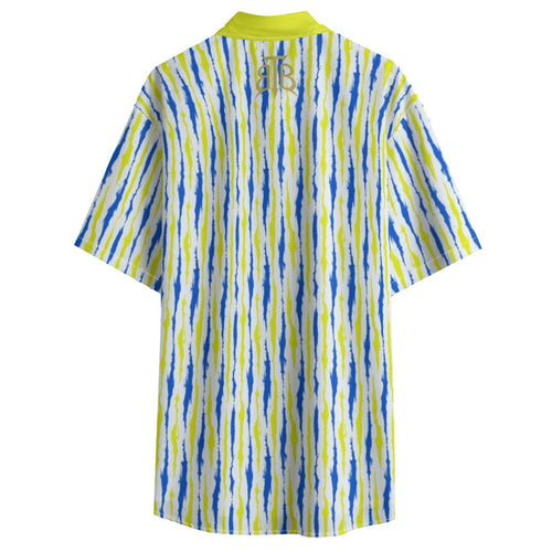 A short-sleeve collared shirt shown from the back, featuring a vertical ikat-style stripe pattern in blue, lime green, and white. It has a solid lime green collar and a small gold monogram logo printed on the upper back.