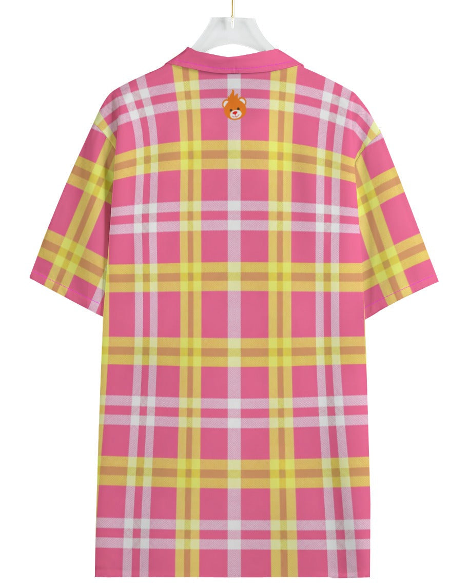 Shop the Iron + Ivy Passion Fruit Plaid Camp Shirt by Teddy Blaze. Lightweight short-sleeve resort button-down featuring a pink, yellow, and white plaid layout with a notch camp collar.