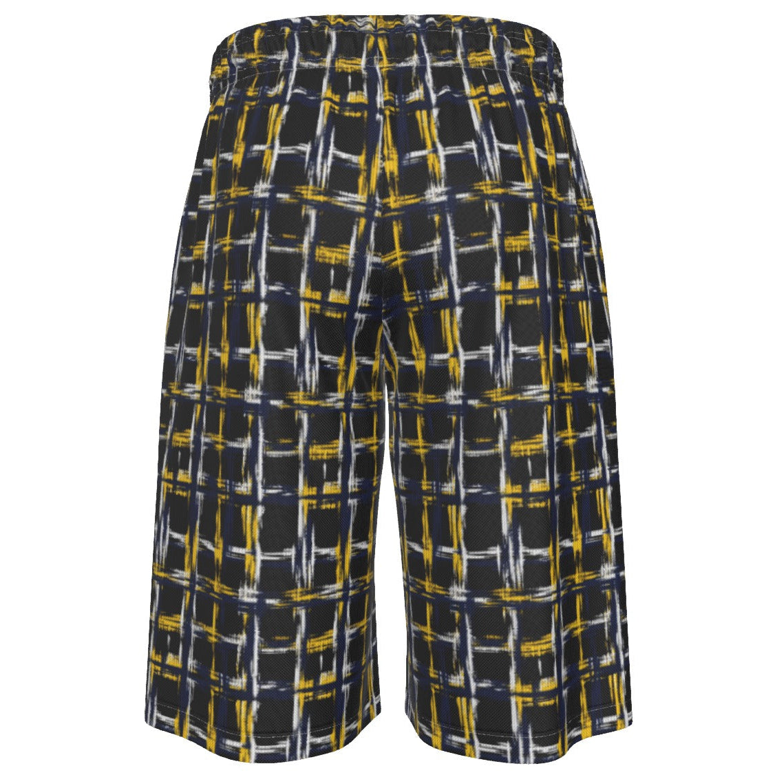 A pair of wide-leg shorts featuring a dark charcoal gray base with an abstract grid pattern in yellow and white, displayed against a solid white background.