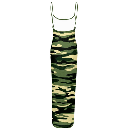 Camo Print Mesh Backless Cami Midi Dress (CAMO12)