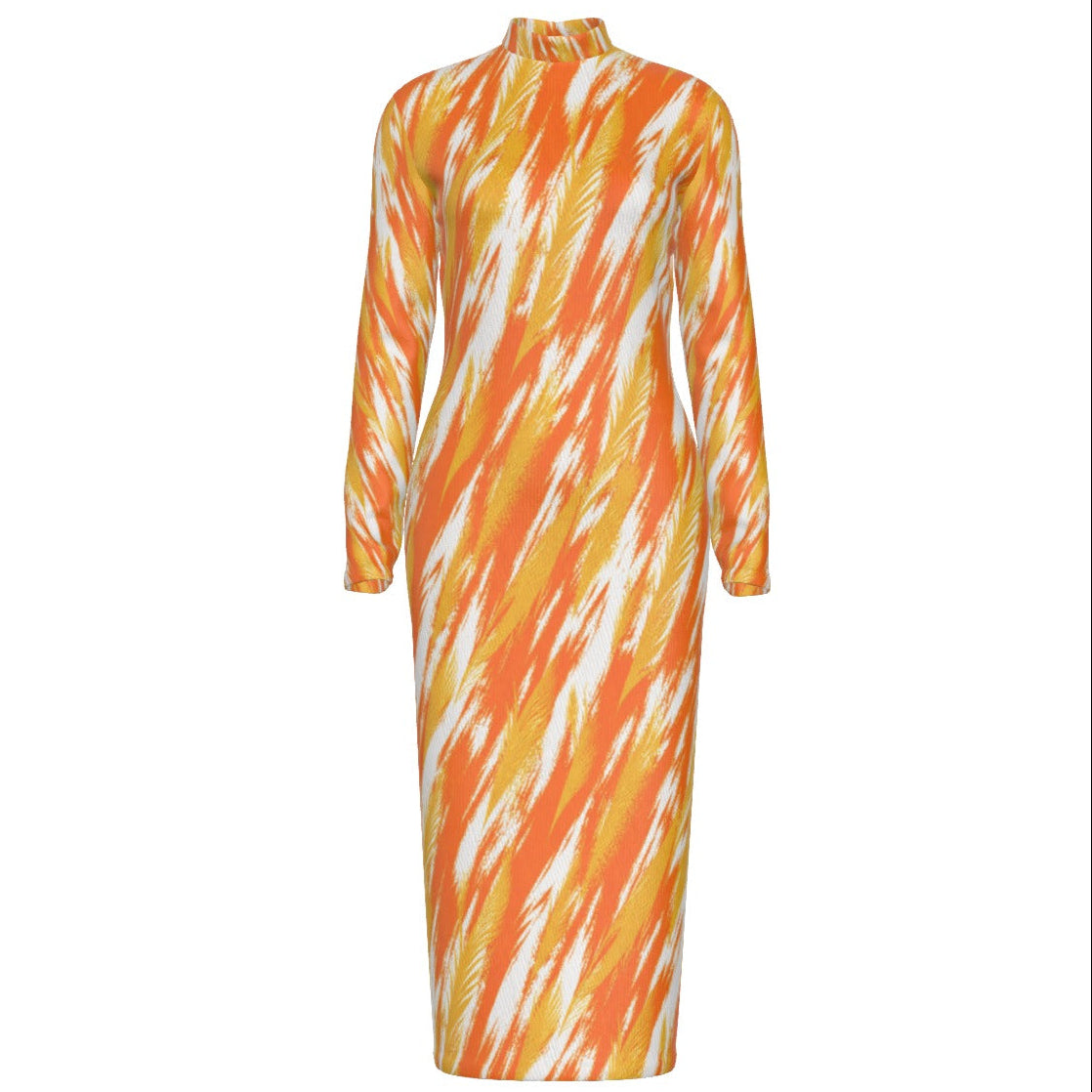 A long-sleeve mock-neck midi dress featuring an abstract orange, yellow, and white brushstroke pattern, displayed on a clean white background.