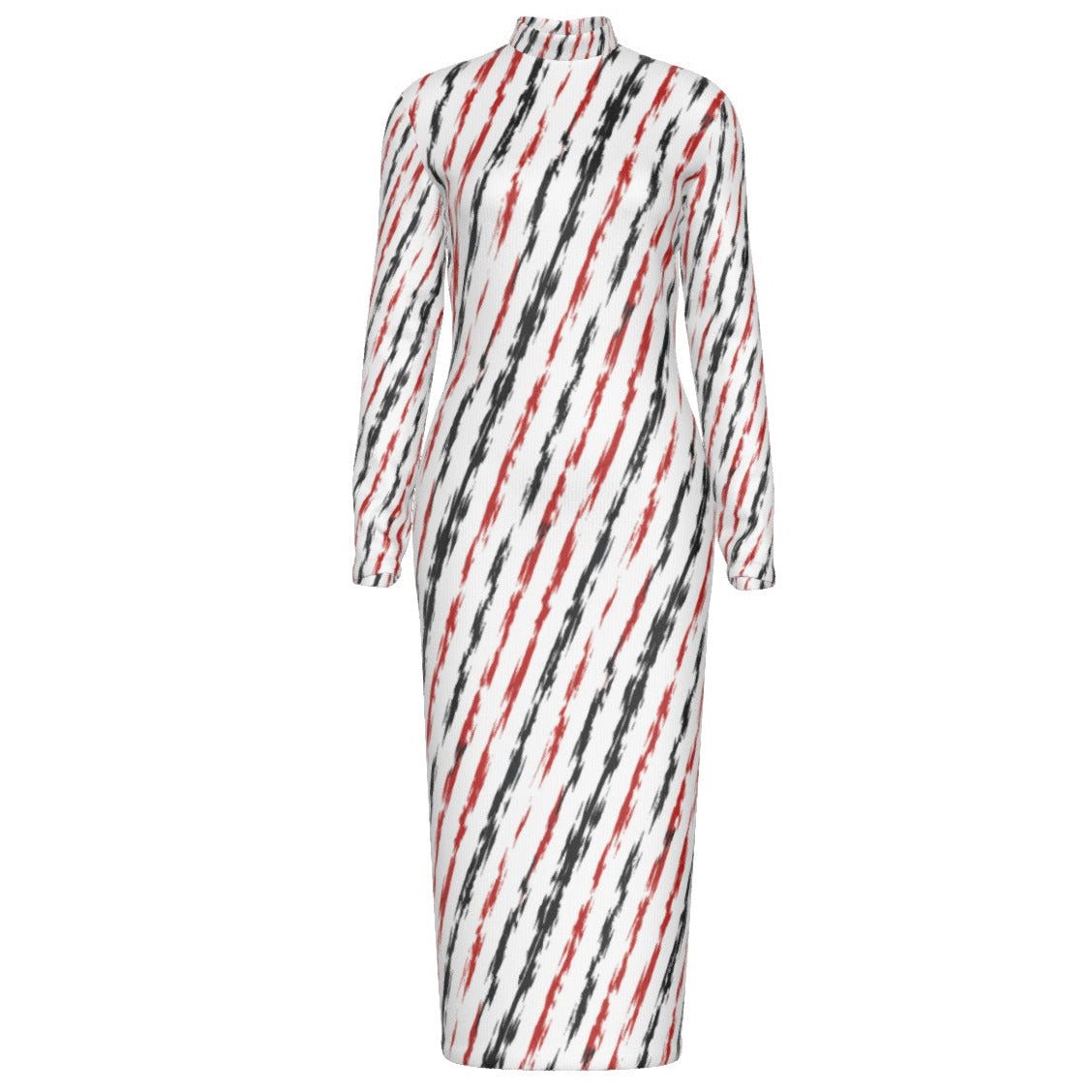 A long-sleeve high-neck midi dress with a white base and an abstract diagonal brushstroke pattern in black and red, shown against a plain white background.