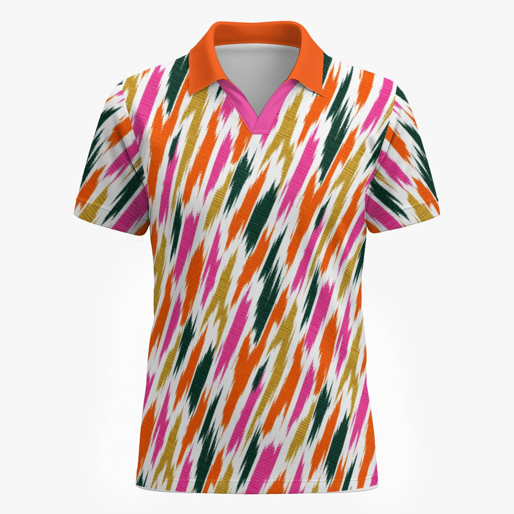 Shop the Tropical Trails V-Neck Mesh Golf Polo by Teddy Blaze. Breathable 200g/m² mesh polo featuring an orange, pink, and palm green feather motif.