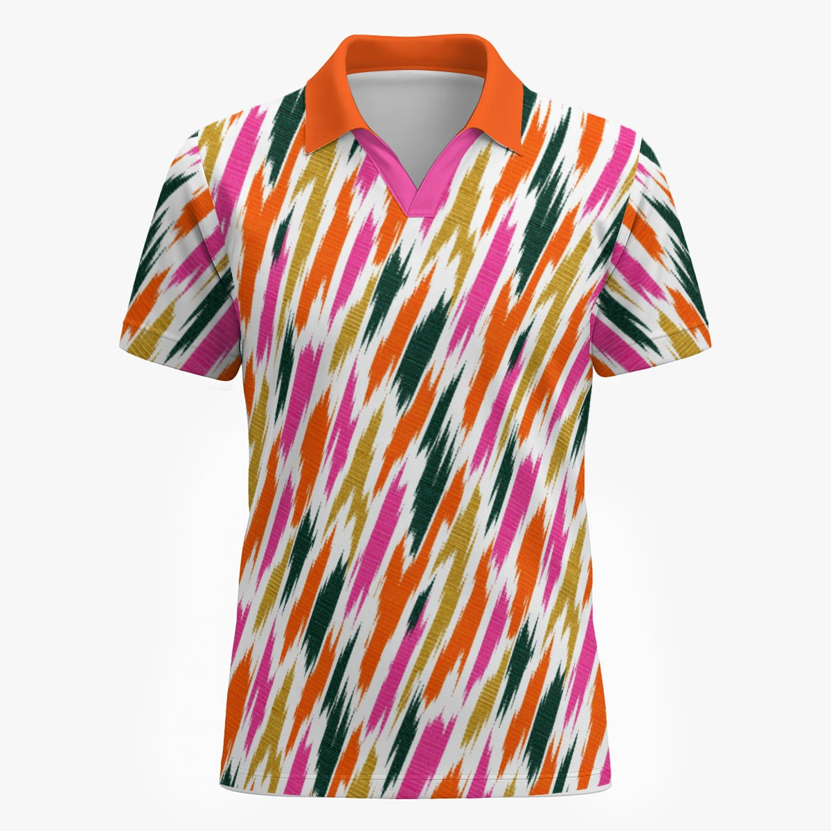 Shop the Tropical Trails V-Neck Mesh Golf Polo by Teddy Blaze. Breathable 200g/m² mesh polo featuring an orange, pink, and palm green feather motif.
