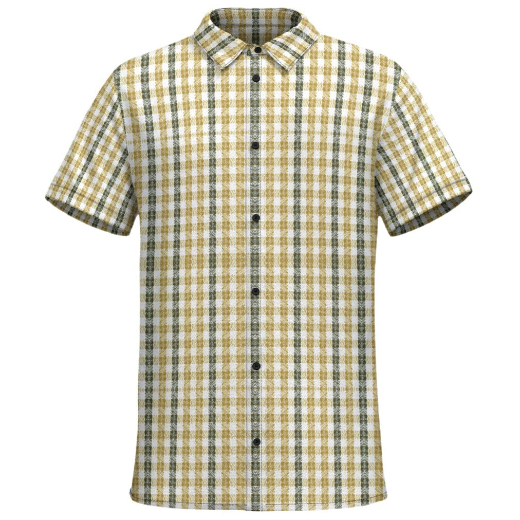 A breezy camp shirt crafted in lightweight Resort Weave, blending gingham structure with Naija-inspired color for bold Caribbean resort styling.