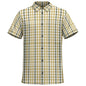 A breezy camp shirt crafted in lightweight Resort Weave, blending gingham structure with Naija-inspired color for bold Caribbean resort styling.