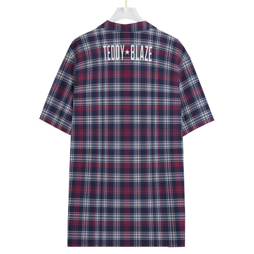 Shop the Blazeberry Plaid Camp Shirt by Teddy Blaze. 120 GSM featherlight berry and navy plaid short-sleeve resort button-down from WHAT'S ON TOP.