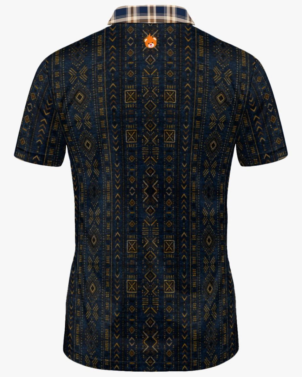 Shop the Iron + Ivy Indigo Mudcloth & Plaid Mesh Open Polo by Teddy Blaze. Breathable mesh golf polo combining Malian Bògòlanfini mudcloth body prints with a contrast plaid open collar.