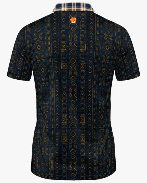 Shop the Iron + Ivy Indigo Mudcloth & Plaid Mesh Open Polo by Teddy Blaze. Breathable mesh golf polo combining Malian Bògòlanfini mudcloth body prints with a contrast plaid open collar.