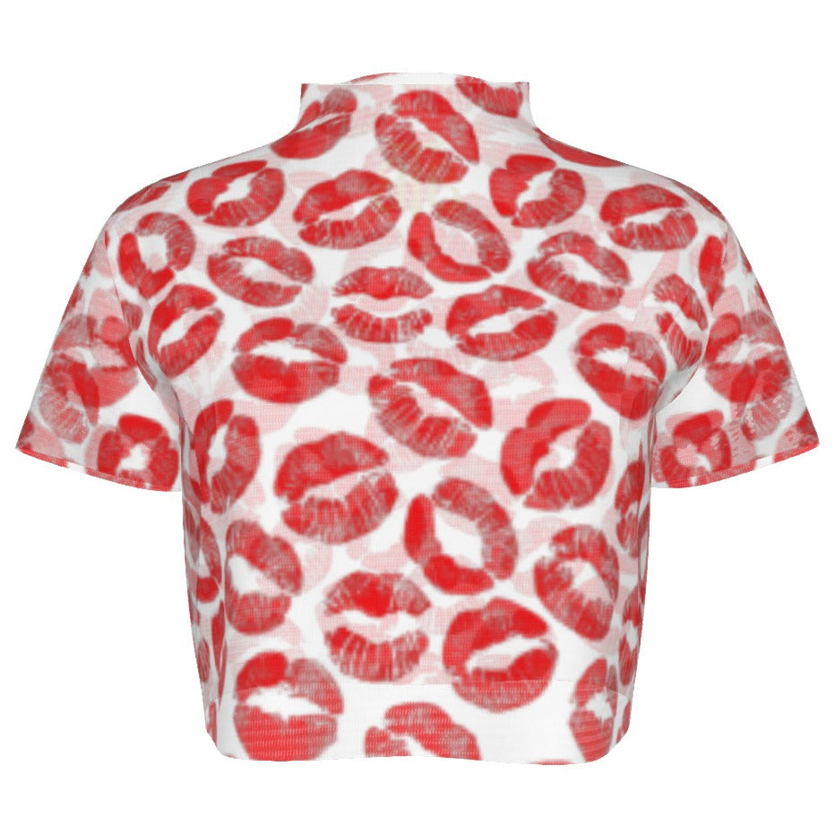 Shop the Hot Lips Mesh Cropped Tee by Teddy Blaze. Ultra-lightweight 110g/m² sheer mesh top featuring an all-over red lip print and classic crew neck.