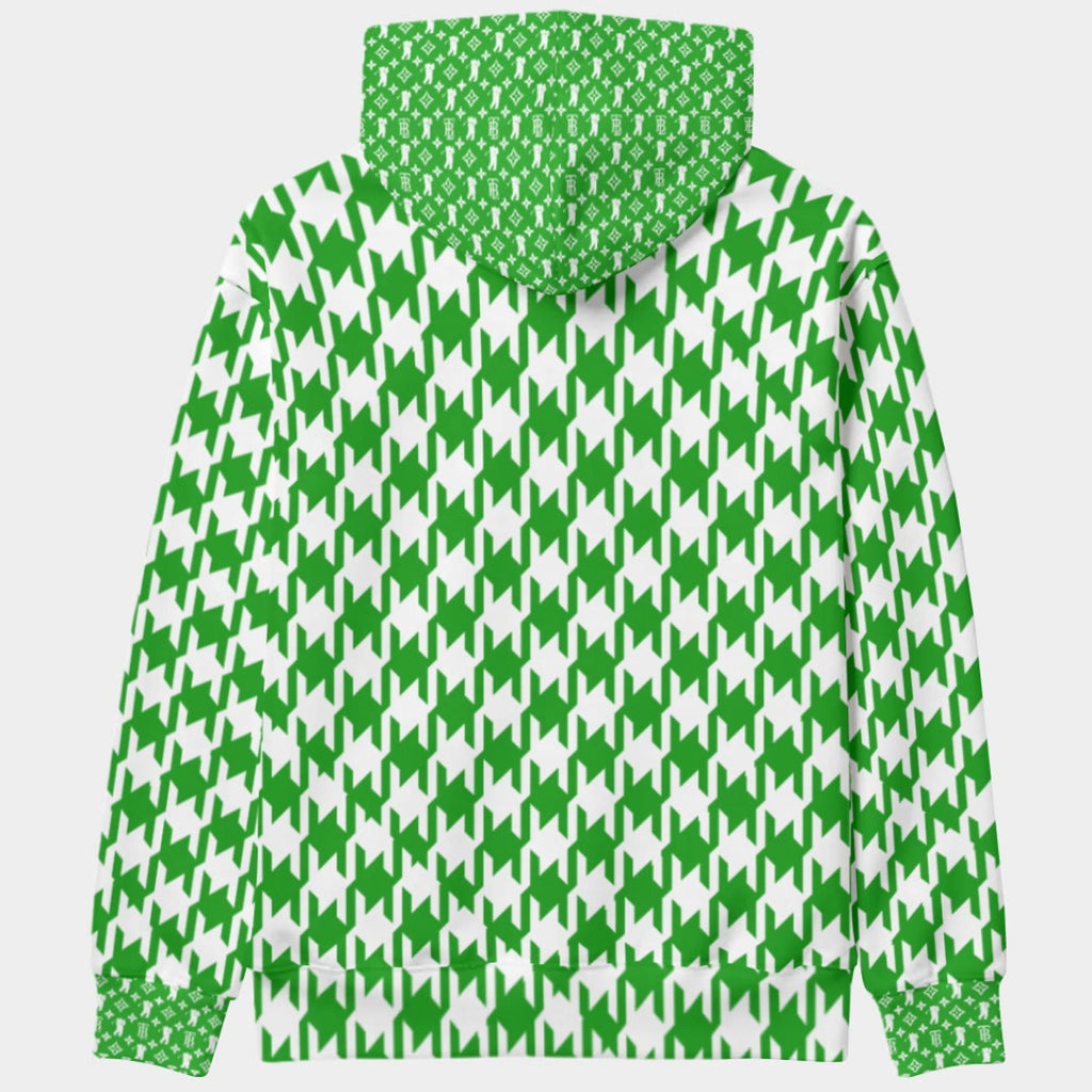 Shop the Iron + Ivy Houndstooth Cachet Pullover Hoodie by Teddy Blaze. High-tech scuba stretch hoodie featuring an enlarged green houndstooth pattern and RIG-B monogram cuffs and hood.
