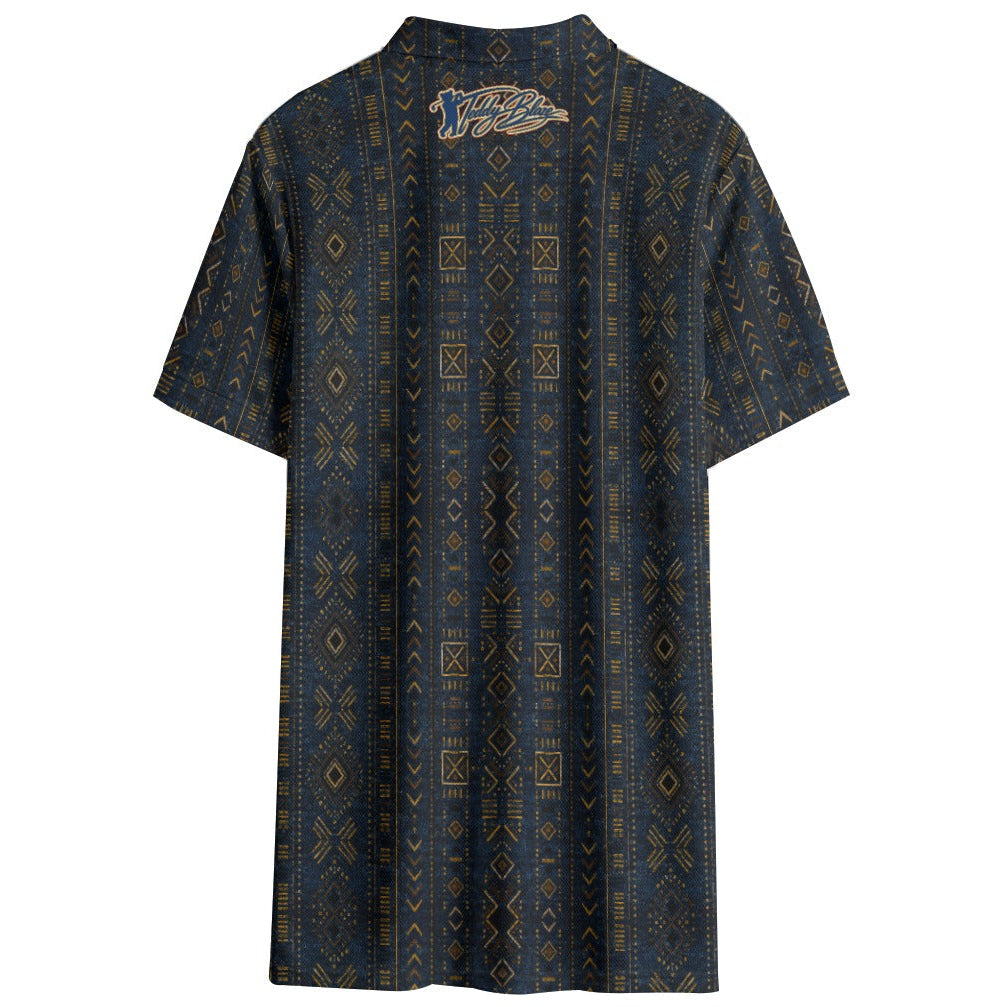 Shop the Indigo Mudcloth Performance Golf Polo by Teddy Blaze. Breathable birdseye knit fabric featuring traditional geometric motifs in rich indigo tones.