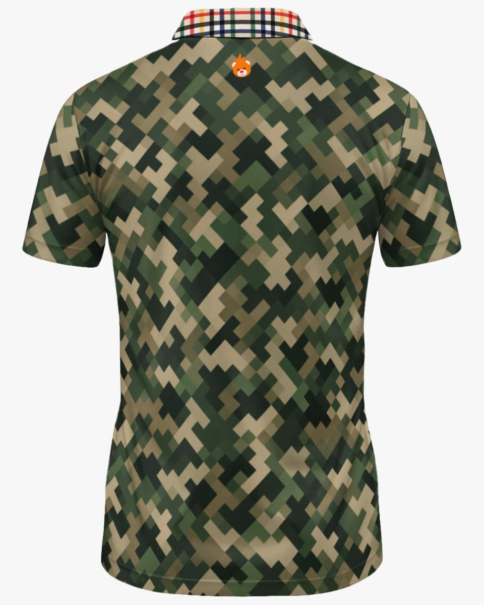 Shop the Iron + Ivy Camo Tartan Mesh Open Polo by Teddy Blaze. Breathable mesh golf polo featuring a digital camouflage body with a contrast Rasta tartan open collar.