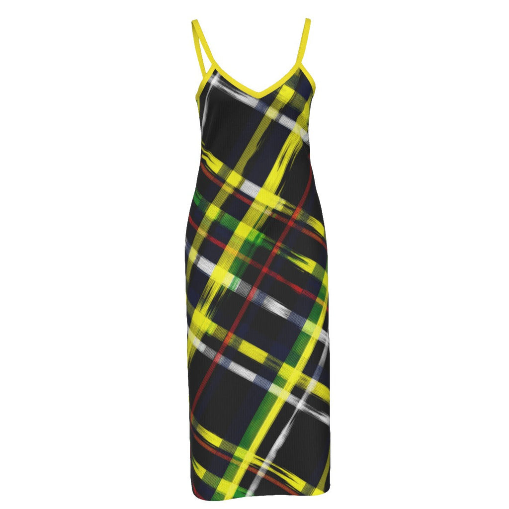 Shop the Highland Gold Cami Slit Midi Dress by Teddy Blaze. Heavyweight 210g/m² stretch microfiber bodycon dress featuring contrast straps and a side slit.