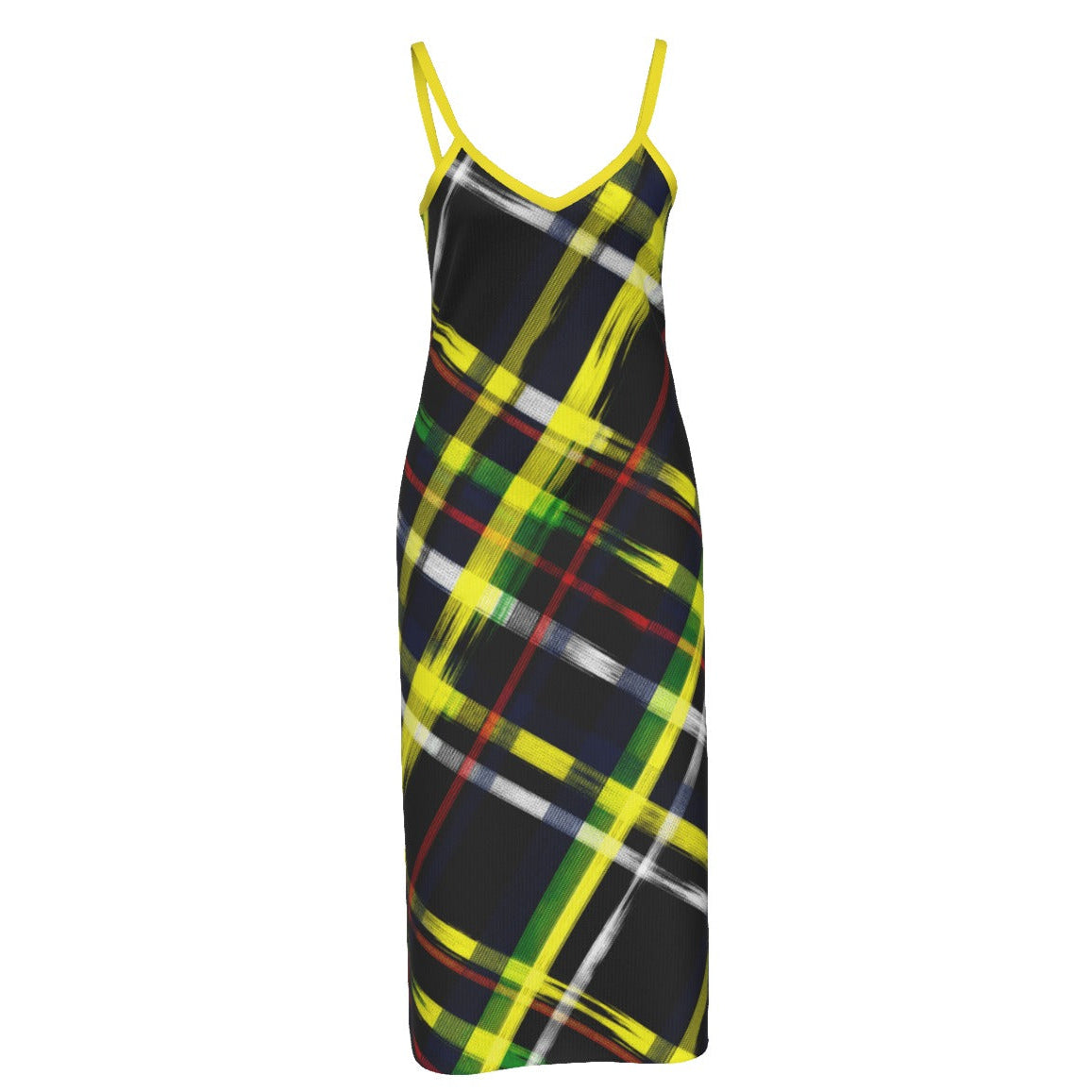 Shop the Highland Gold Cami Slit Midi Dress by Teddy Blaze. Heavyweight 210g/m² stretch microfiber bodycon dress featuring contrast straps and a side slit.