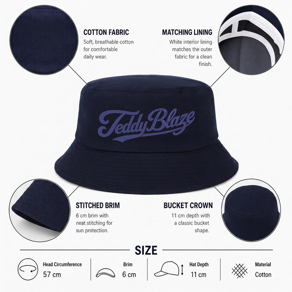 Shop the Teddy Blaze Signature Bucket Hat, a classic navy cotton bucket hat finished with tonal embroidered Teddy Blaze script for refined everyday streetwear.