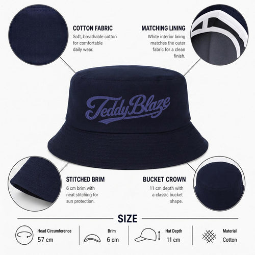 Shop the Teddy Blaze Signature Bucket Hat, a classic navy cotton bucket hat finished with tonal embroidered Teddy Blaze script for refined everyday streetwear.