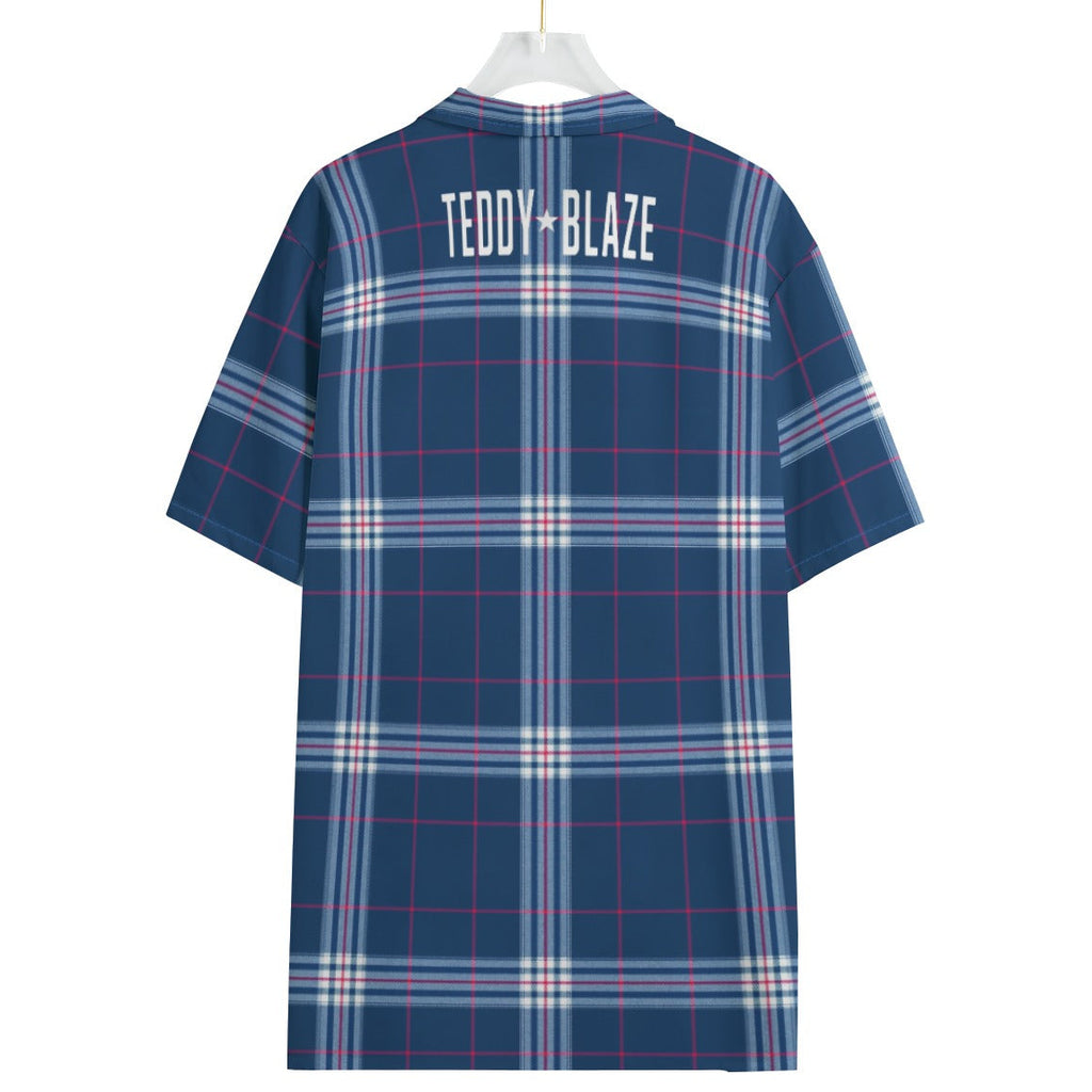 Shop the Royal Plaid Signature Camp Shirt by Teddy Blaze. 120 GSM featherlight blue plaid resort button-down with white star back logo from WHAT'S ON TOP.