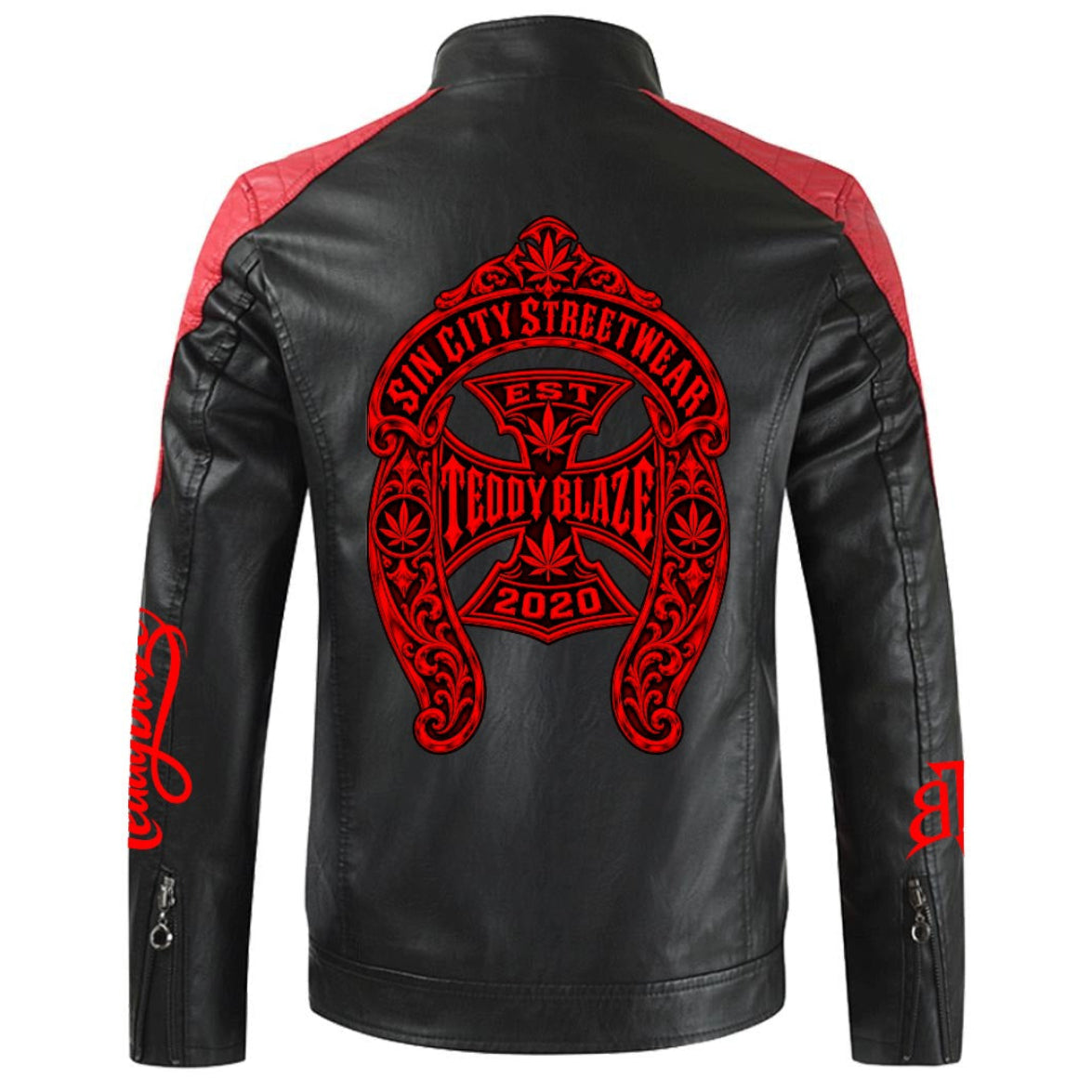 Shop the Signature Sin City Moto Jacket by Teddy Blaze. Black & red PU leather moto jacket featuring ornate Sin City back crest from HIGH ROLLERS OUTERWEAR.